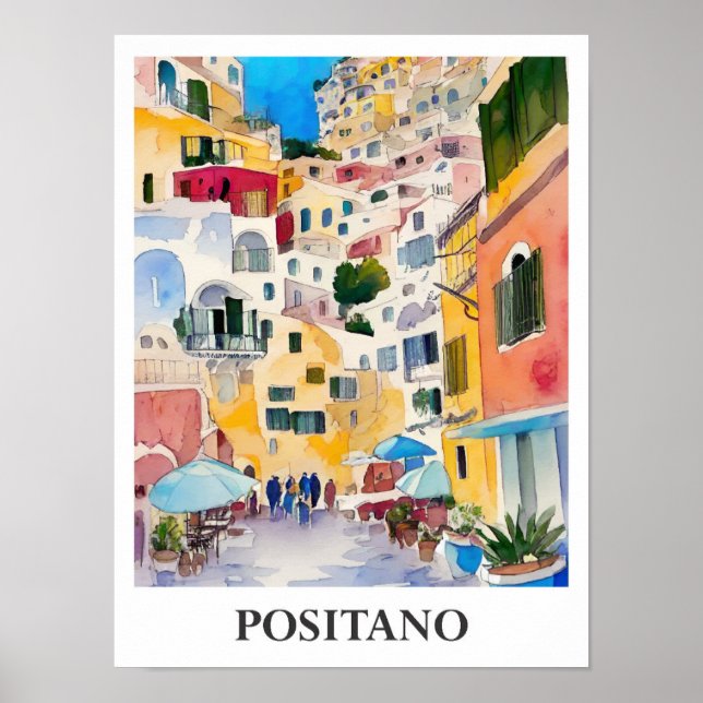 Positano Italy Art Watercolor Travel Poster (Front)