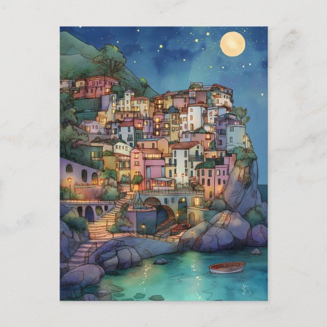 Positano, Italy – Coastal Village & Starry Sky Postcard (Front)