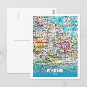 Positano Italy Famous Travel Watercolor Sketch Postcard