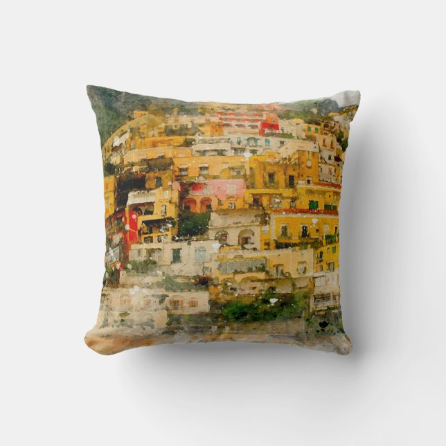 positano italy italian scene watercolour cushion (Front)