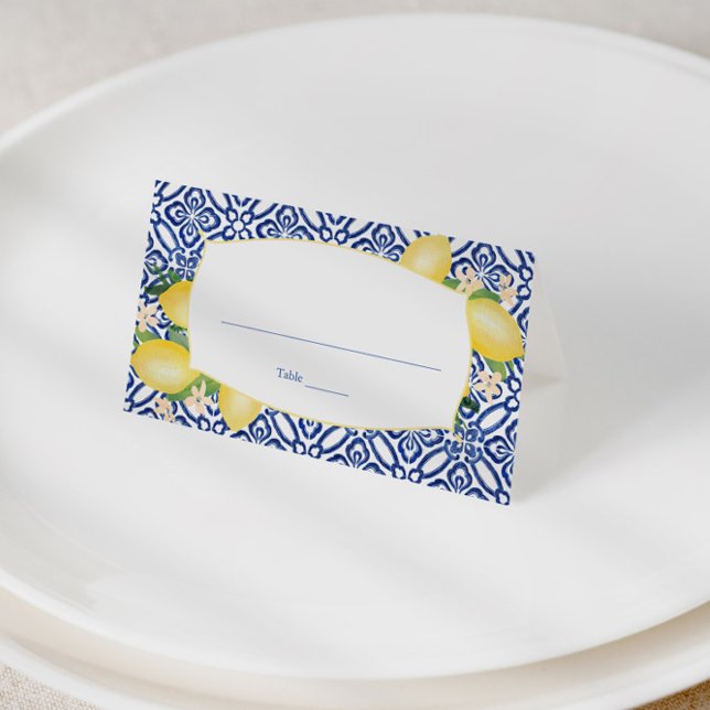 Positano Lemons Blue and White Pattern Wedding Place Card (Watercolor lemons and vintage portuguese tiles wedding escort card design)
