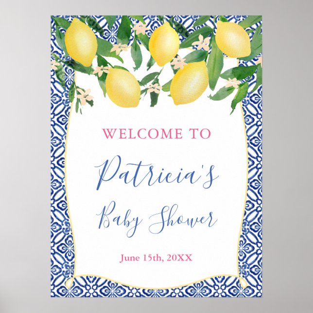 Positano Lemons Blue Pattern Tiles Shower Welcome Poster (Front)