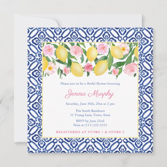 Positano Lemons Blue Spanish Tiles Bridal Shower Invitation (Front)