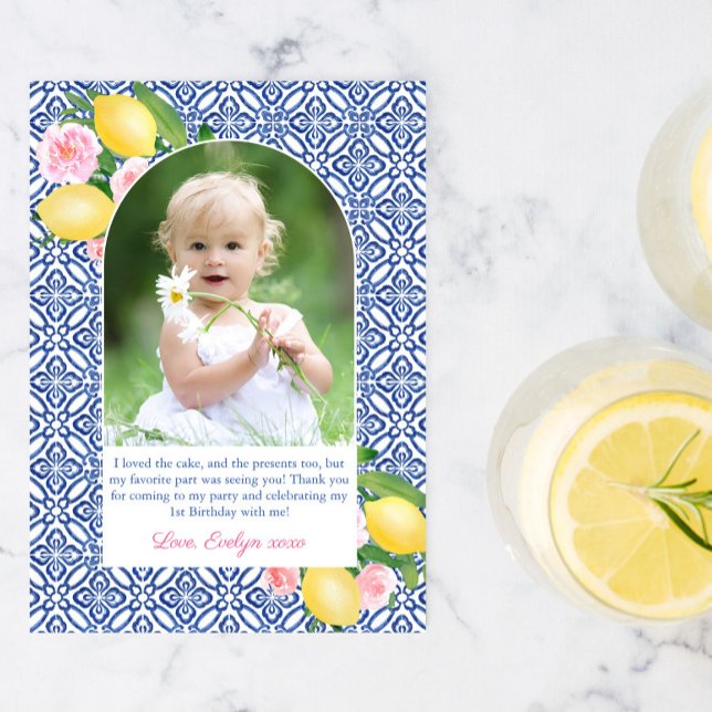 Positano Lemons Blue Tiles Girl Birthday Picture Thank You Card (Creator Uploaded)