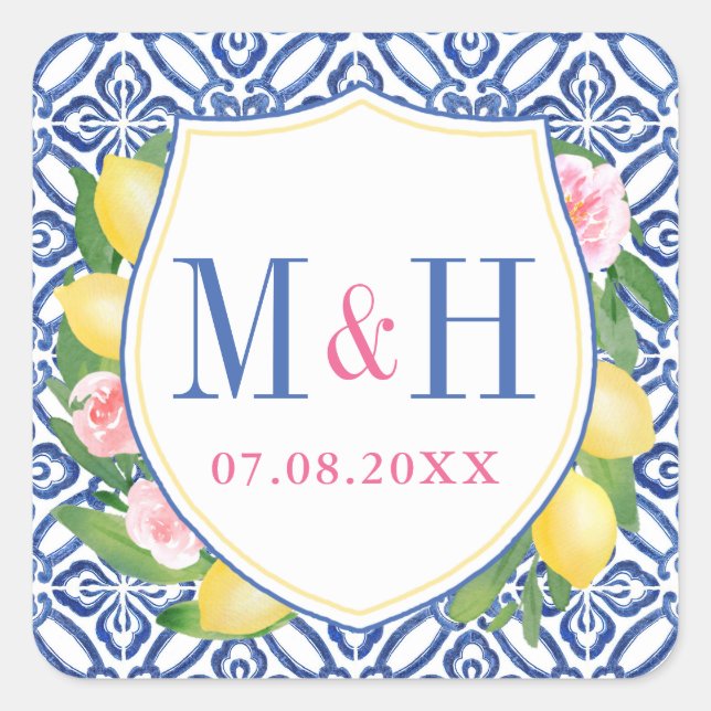 Positano Lemons Blue Tiles Pink Wedding Monogram Square Sticker (Front)