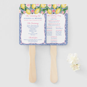 Positano Lemons Blue Tiles Wedding Program Hand Fan