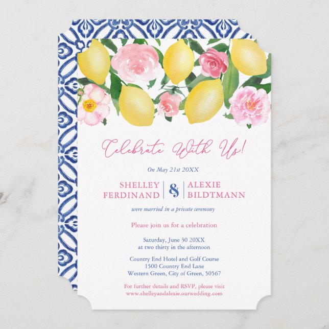 Positano Lemons Blue Tiles Wedding Reception Only  Invitation (Front/Back)