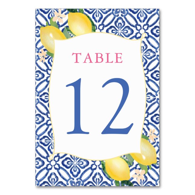 Positano Lemons Blue Tiles Wedding Shower Table Number (Front)