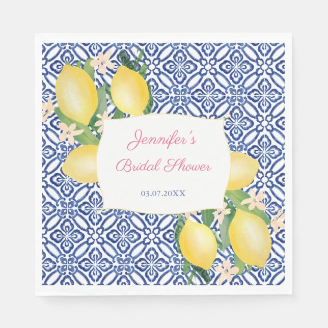 Positano Lemons Italian Blue Tiles Bridal Shower Napkin (Front)