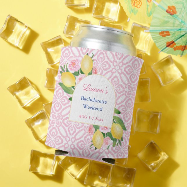 Positano Lemons Pink Flowers Bachelorette Party Can Cooler (In Situ Summer)