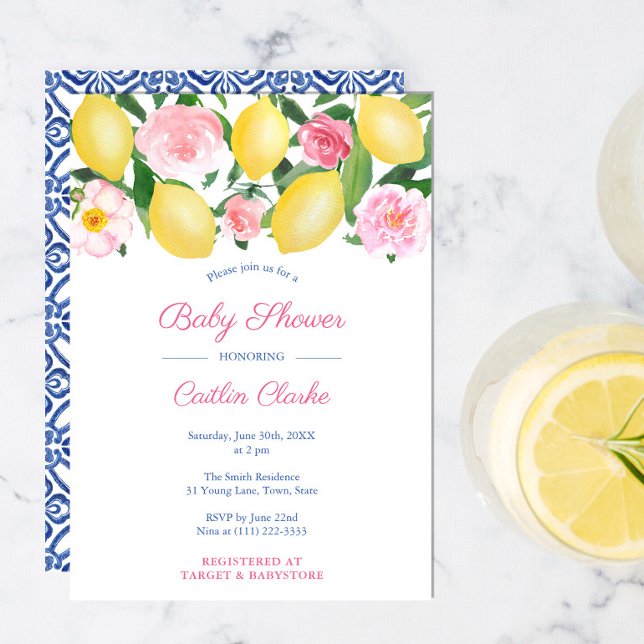Positano Lemons Pink Roses Girl Baby Shower Party  Invitation (Creator Uploaded)