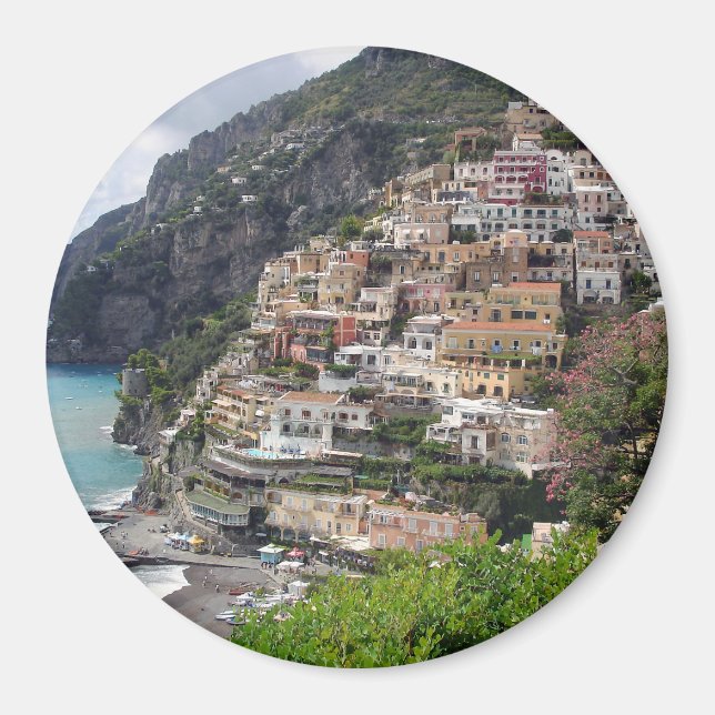 Positano village at the Amalfi coast round magnet (Front)