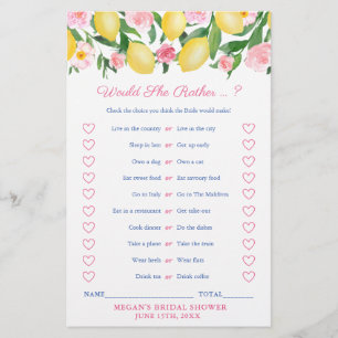 Positano Would She Rather Bridal Shower Game Card