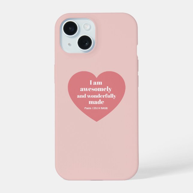 Positive Bible Verse Affirmation Pink Heart Cute iPhone 15 Case (Back)