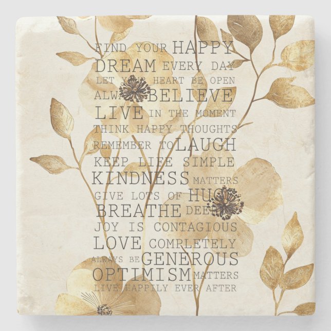 Positive Inspirational Gold Flowers Stone Coaster (Front)