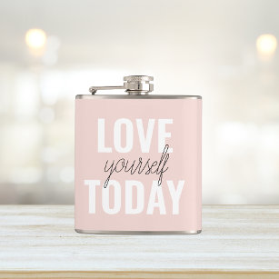  Positive Love Yourself Today Pastel Pink Quote  Hip Flask