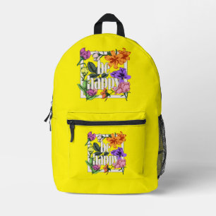 Positive quote Be Happy and garden flowers Printed Backpack