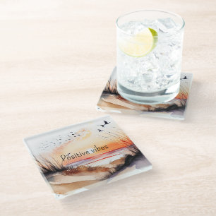 Positive Vibes Beach Sunset with Birds    Glass Coaster