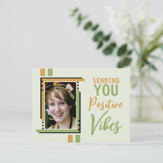 Positive vibes encouragement add photo gold green postcard (Standing Front)