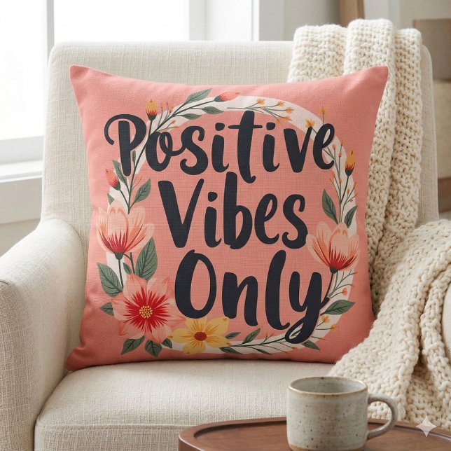 Positive Vibes Only Floral Wreath Design Cushion (Positive Vibes Only Floral Wreath Design Throw Pillow Mockup D)