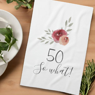 Positive Watercolor Roses Floral 50th Birthday Tea Towel