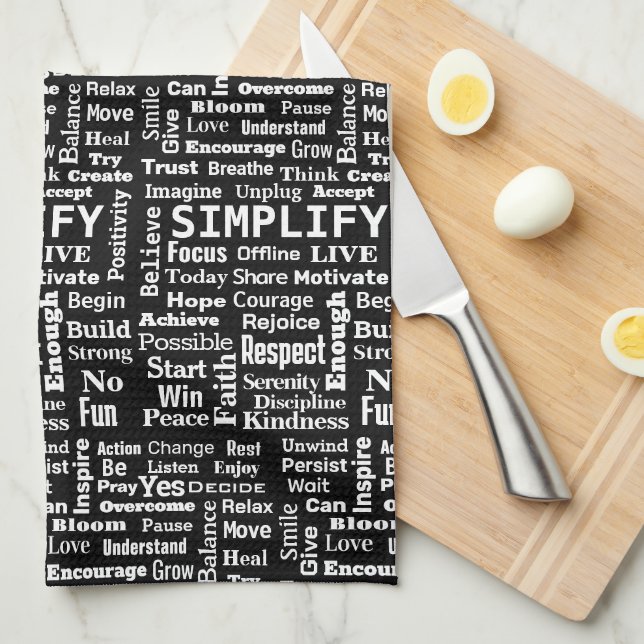 Positive Word Cloud On Black Tea Towel (Quarter Fold)