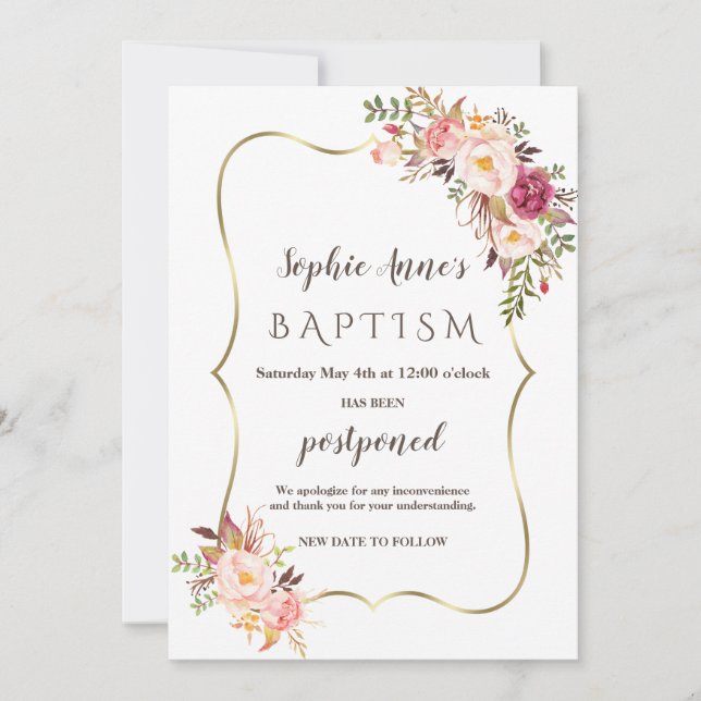 Posponed Announcement Blush Pink Floral Baptism (Front)