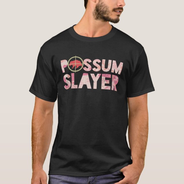 Possum Slayer Pink Camo Opossum Hunter T-Shirt (Front)
