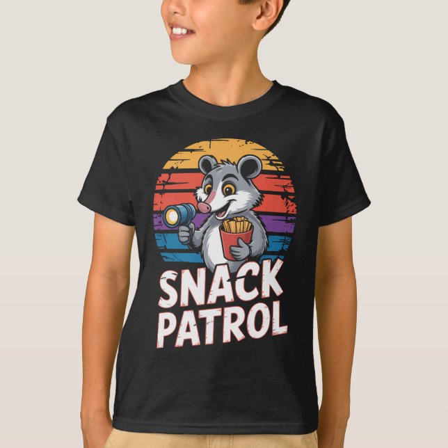Possum Snacks Patrol With Flashlight And Chips Hum T-Shirt (Front)