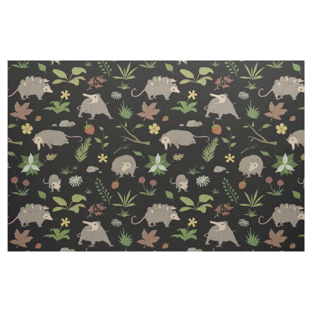 Possums in a Berry Field in Black Fabric (Fat Quarter)