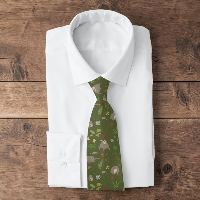 Possums in a Berry Field in Green Tie (Opossum pattern forest green tie staged as a funny novelty animal necktie and unique mens dad gift.)