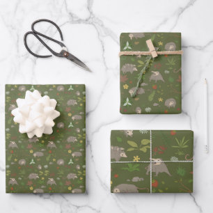 Possums in a Berry Field in Green Wrapping Paper Sheet