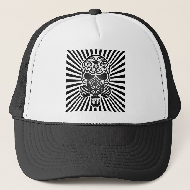 Post Apocalyptic Sugar Skull, black rays Trucker Hat (Front)
