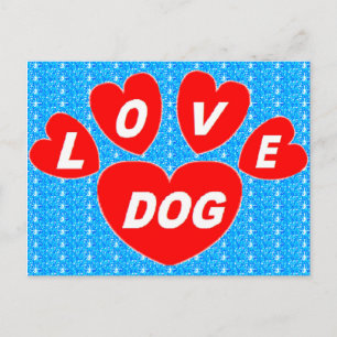 Post Card Love Dog Hearts Red on Bright Blue