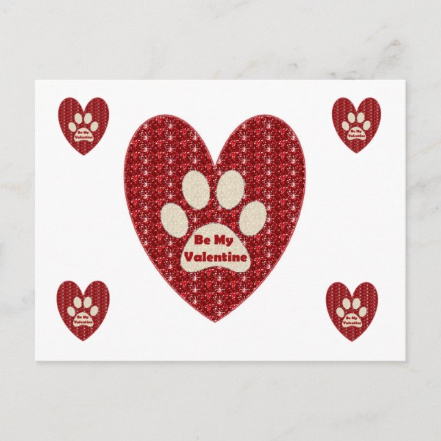 Post Card Paw Heart Red White Glitter (Front)
