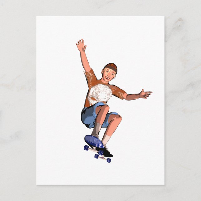 post card with a skate boarding boy illustration (Front)