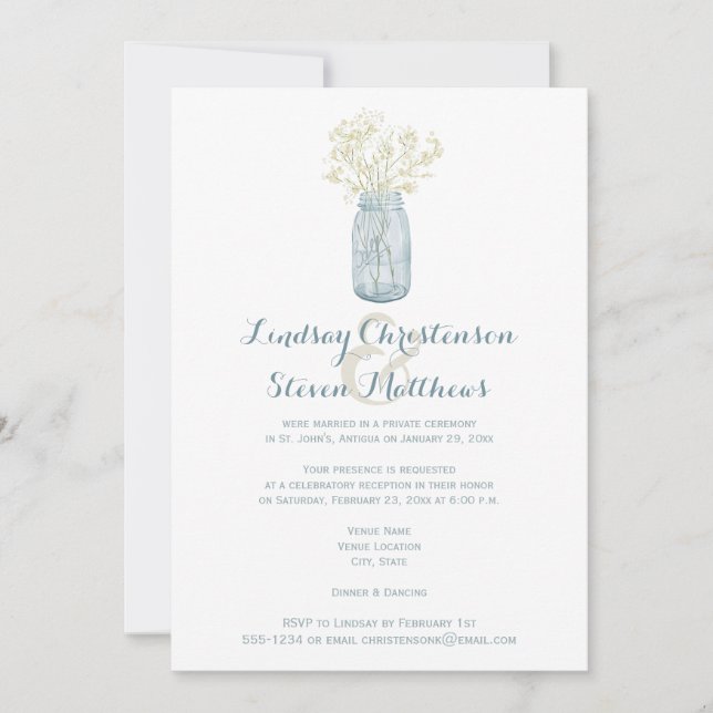 Post Wedding Invitation | Mason Jar, Babies Breath (Front)
