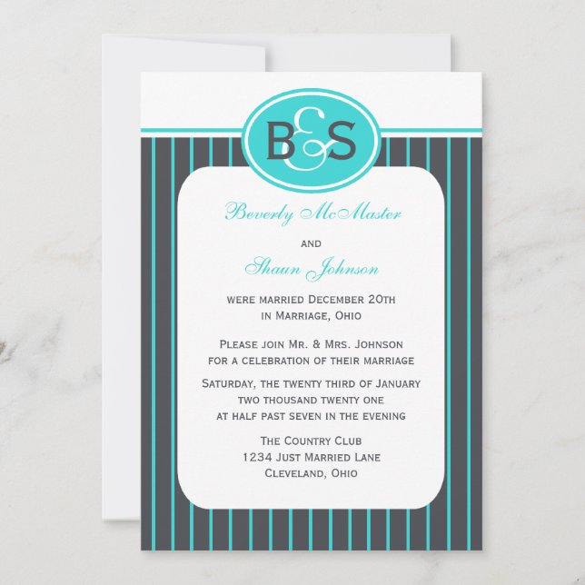 Post Wedding Reception Invitation -- Blue Monogram (Front)