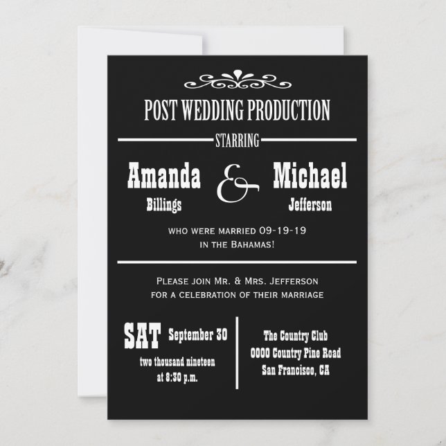 Post Wedding Reception Invitation - Theatre Style (Front)