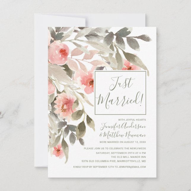Post-Wedding Watercolor Blush Rose Reception Invitation (Front)