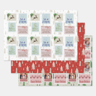  Postage Stamps Photos and Pine Tree Doodle Wrapping Paper Sheet