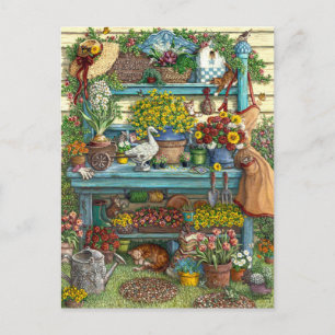 Postal flores y macetas en el jardín postcard