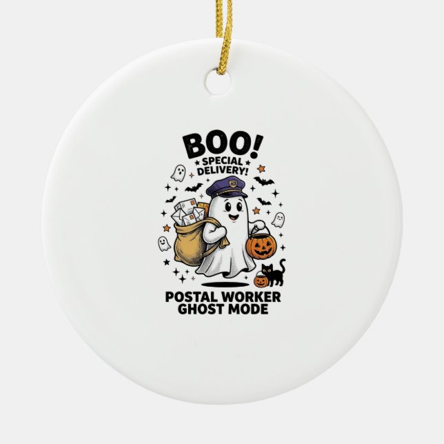 Postal Worker Ghost Mode Halloween Delivery Design Ceramic Tree Decoration (Front)