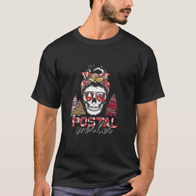 Postal Worker Skull Messy Bun Christmas Red Buffal T-Shirt (Front)