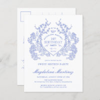 POSTCARD 16th Birthday Blue Floral Crest Invite