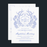 POSTCARD 21st Birthday Blue Floral Crest Invite<br><div class="desc">An elegant French vintage blue floral crest takes centre stage on this timeless birthday invitation. Ornate,  formal and very feminine will make any birthday lady feel very special. Coordinating party supplies are available.</div>