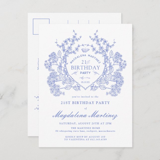 POSTCARD 21st Birthday Blue Floral Crest Invite (Front/Back)