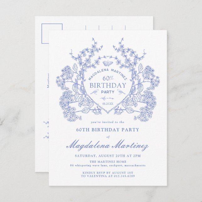 POSTCARD 60TH Birthday Blue Floral Crest Invite (Front/Back)