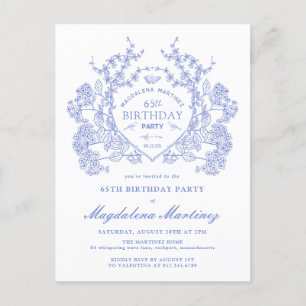 POSTCARD 65TH Birthday Blue Floral Crest Invite
