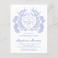 POSTCARD 75TH Birthday Blue Floral Crest Invite
